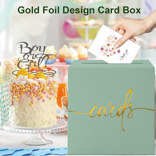 Image of Sage Green Card Box with Gold Foil Design, Paperboard 8.7 inch Card Box for Birthday Wedding Party Graduation Retirement Anniversary Valentine's Day & Baby Showers, Raffle or Money Box