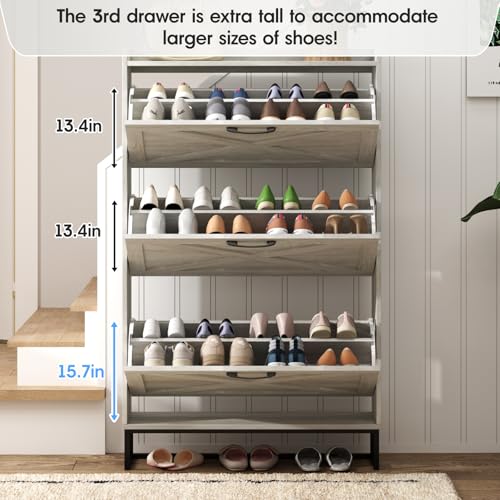 Image of Maupvit Shoe Storage Cabinet with 3 Flip Drawers, Freestanding Organizer with Metal Legs for Entryway, Narrow Shoe Rack Cabinet, Beige