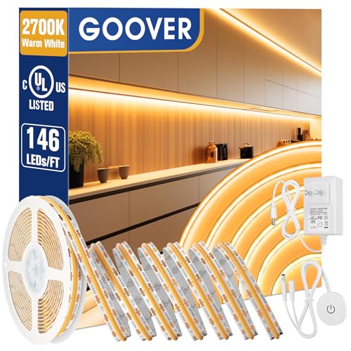 GOOVER LED Strip Light Warm White COB Kit 2700K, UL 1440LEDs, Ra 90+,Including Touch Dimmer Switch+UL Listed Power Adapter, for Kitchen,Cabinet,Bedroom GOOVER LED Strip Light Warm White COB Kit 2700K, UL 1440LEDs, Ra 90+,Including Touch Dimmer Switch+UL Listed Power Adapter, for Kitchen,Cabinet,Bedroom