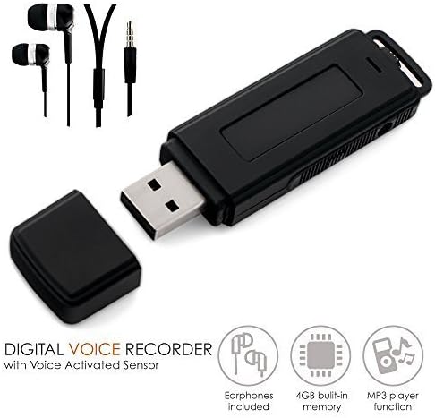 Digital Voice Recorder Disguised in USB Thumb Drive; Voice Activated Discreet Spy & Surveillance Dictaphone; 4GB Memory Stick / 279 Hours Capacity; 26h Battery Life; Headphones Included