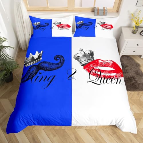 Blue White King and Queen Comforter Cover Couples Lovers Bedding Set Twin Size for Women...