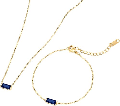Snuhlzvm 12 Birthstone Necklace and Bracelet Set for Women, Rectangle Gemstones,