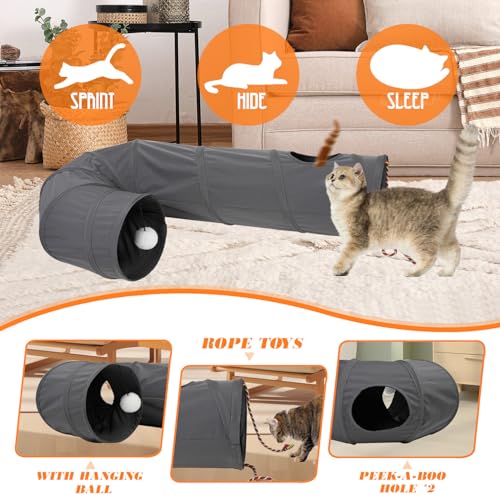 Image of Cat Tunnel, 2-Way Collapsible Cat Tube with Interactive Peek-A-Boo Hole, Toy Ball, and Rope - Ideal for Indoor Cats, Kittens, and Rabbits (Dark Gray)