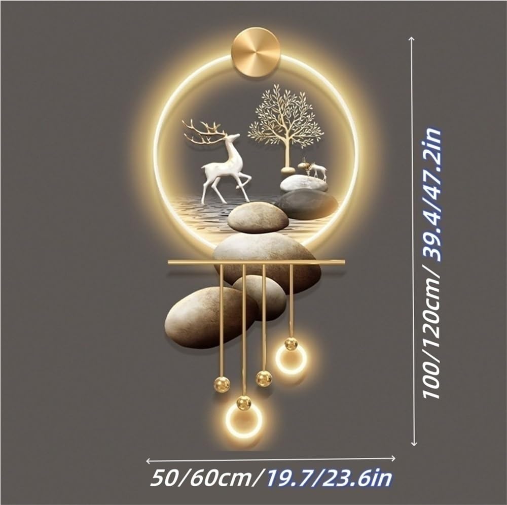 Cuadro Mural 3D Grande con luz, Escultura Redonda, decoración Tradicional para Dormitorio, Sala y hogar, Mural de Pared con Luces LED (marrón, 120 cm)