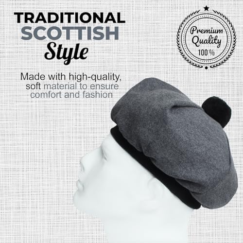 Image of Scottish Tam O' Shanter Hat Tartan Bonnet Pom Pom Wool Flat Cap One Size