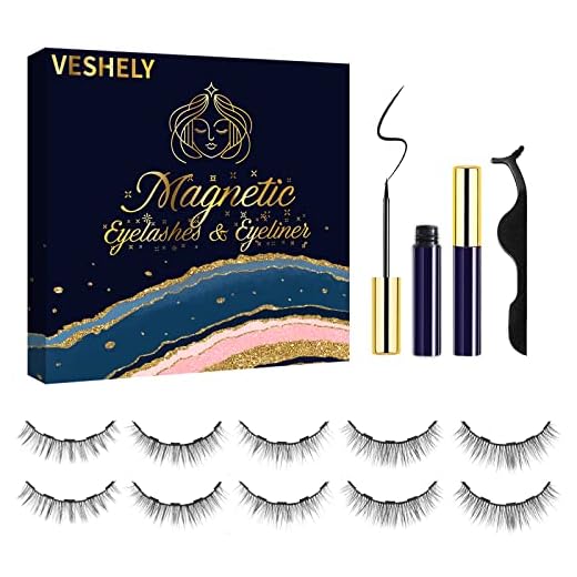 VESHELY Natural Magnetic Eyelashes with Eyeliner Kit,5 Pairs Short Small Magnetic Eyelashes Natural Look and 2 Tubes Magnetic Eyeliner Waterproof,3D False Fake Lashes Magnetic Reusable-No Glue Needed