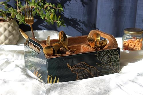 Image of Monstera Hut Leafy Gleam Mangowood Cutlery Holder | Wooden Cutlery Stand |Cutlery Spoon Stand For Dining Table Chammach Stand|Multipurpose Cutlery Holder |Size23x17x10 cm