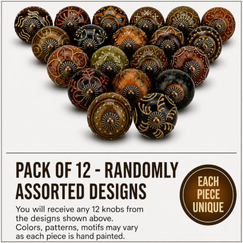 Image of Pack of 12 Brown Round Shiny Ceramic Furniture Knobs