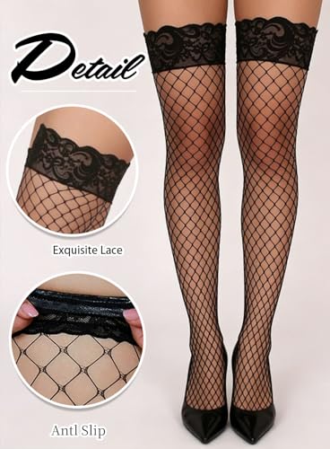 Image of Women Sexy Tights Fishnet Stockings Thigh High Lace Top Silicone Stay Up