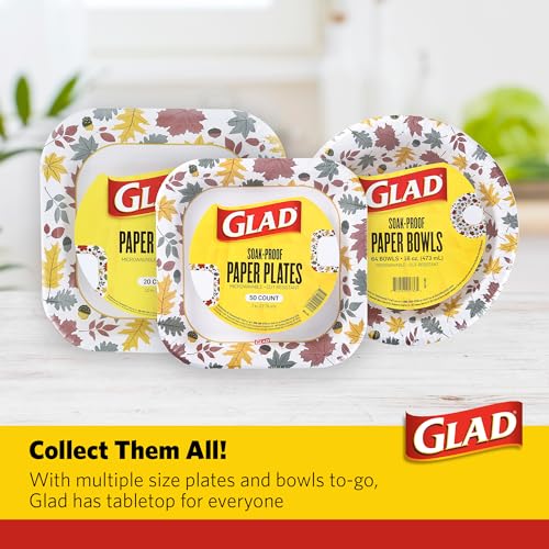 Image of Glad Square Disposable Paper Plates, Falling Foliage Pattern - Strong, Sturdy, Soak Proof, and Microwavable Decorative Plates for Dinner and Everyday Use, 10 Inch, 50 Count