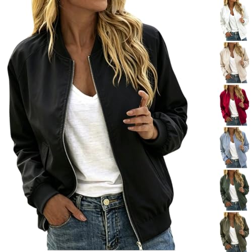 NUOLALDH Black Bomber Jacket,Jackets For Women Bomber Jacket Zip Up Sweatshirts Long Sleeve Light Fall Coat Outerwear With Pockets Windbreaker 01 Black Medium