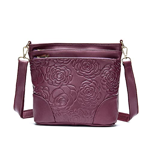 Women Genuine Leather Shoulder Bag Floral-Embossed Crossbody Bag Handbag Purse for Women