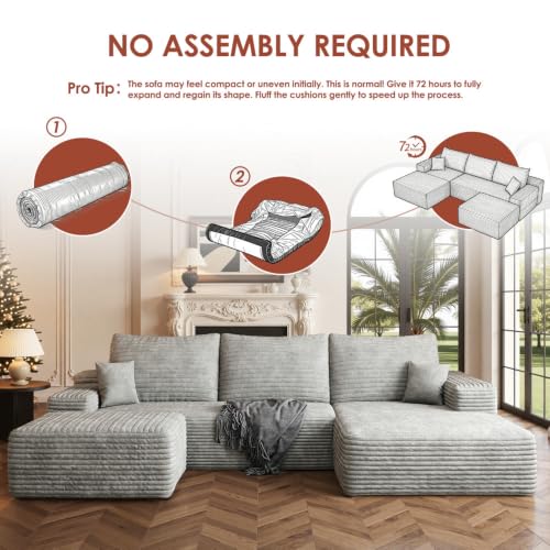 Image of Boneless Couch, Modular Sectional Couches for Living Room, U-Shaped Cloud Couch Sofa with Deep Seat, Fluffy Corduroy Upholstered Corner Sofa