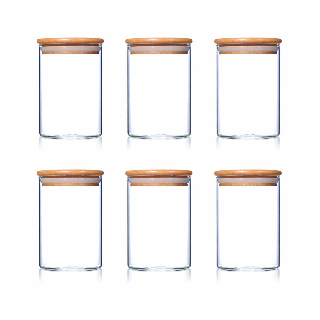 Print Maniacs Transparent Glass Storage Jar Sets With Bamboo Lids Airtight Kitchen Canisters For Coffee Sugar Tea Storage Clear Glass Containers Pantry Organisation Food Storage Jars Various Sizes