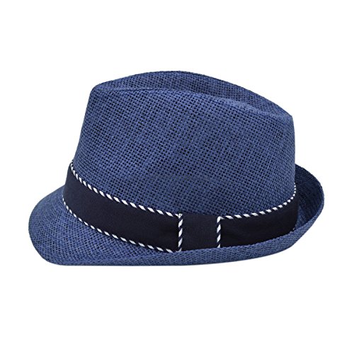 Premium Classic Fedora Straw Hat with Navy Striped Trim Band, Natural