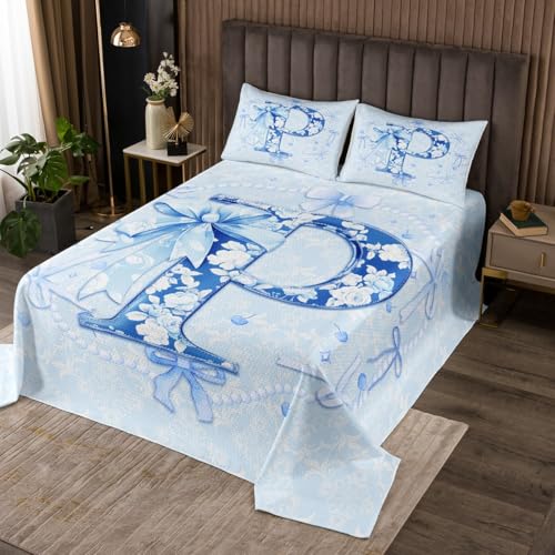 Erosebridal Blue Floral Bow Bedspread Set Twin Size Initial Flower Coquette Bow Coverlet Set Teen Girl Blue Bowknot Monogram P Bed Sets Preppy Bows Initial Birthday Gifts for Princess(P)
