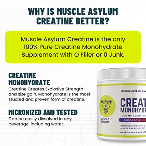 Image of Muscle Asylum Creatine Monohydrate Cola Flavour | 3000mg Creatine Per Serving | Pre Workout Supplement for Strength, Energy & Endurance | Fast Recovery & Muscle Growth | 62 Servings | 250g