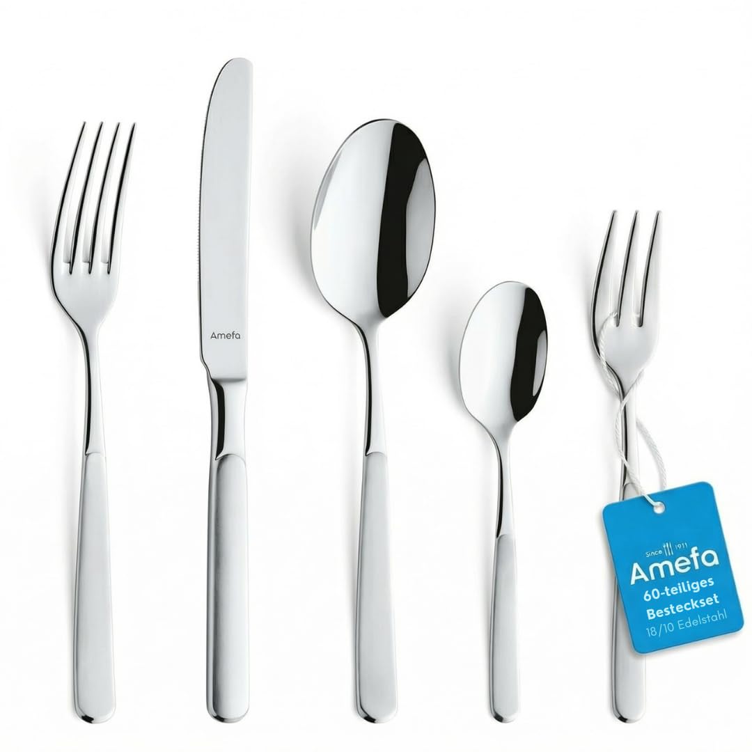 Amefa SATINA Besteck Set 60-teilig, Besteck für 12 Personen, Spülmaschinenfest, Besteck Rostfrei 18/10 Edelstahl, Spezial-Wellenschliff, Gehärteter Klingenstahl