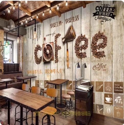 Papier peint en bois pour café et salon de thé créant une ambiance industrielle chic