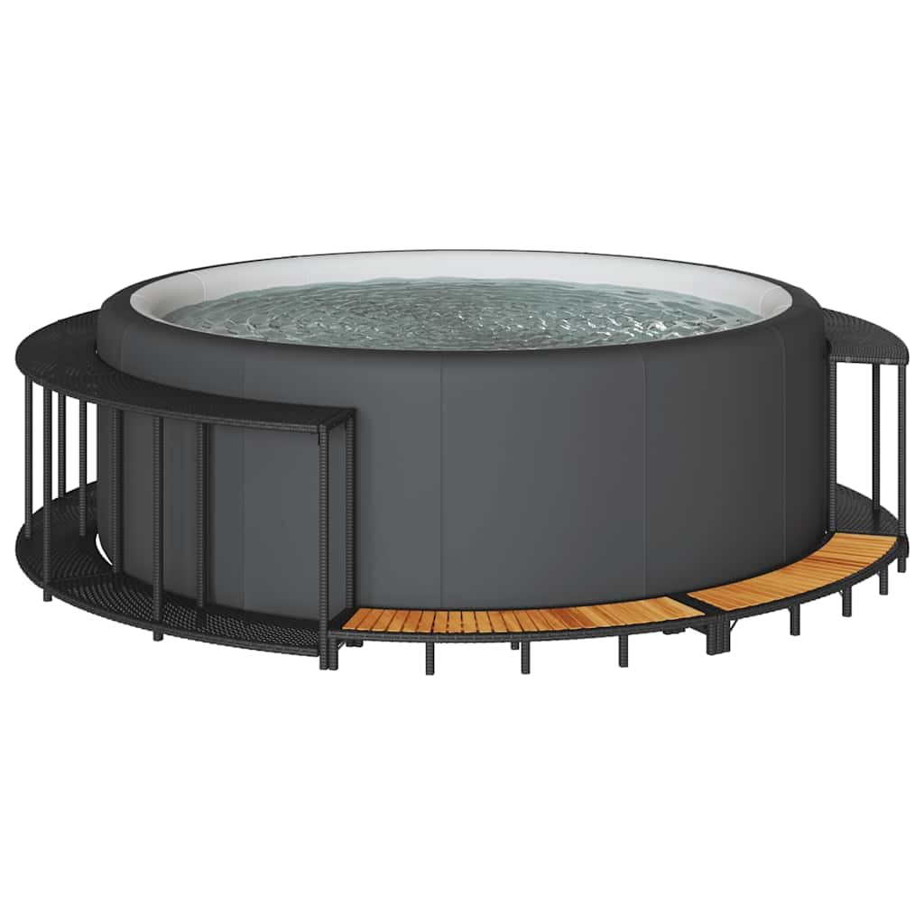 Ribete para bañera de hidromasaje con espacio de almacenamiento, color negro de ratán sintético y escalón de madera de acacia, apto para jacuzzis portátiles