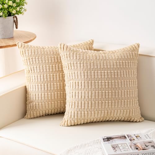 Image of Aegero Pack of 2 Corduroy Decorative Throw Pillow Covers 18x18 Inch, Beige | Fall Soft Striped Pillow Covers Modern Farmhouse Home Decor Christmas Throw Pillow Covers for Sofa Living Room Couch Bed