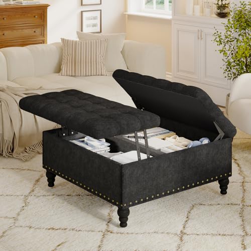 iabifo Versatile Lift-Top Ottoman with Storage, Multi-Function Storage Bench & Coffee Table with Chenille Upholstery, Easy Assembly, Black