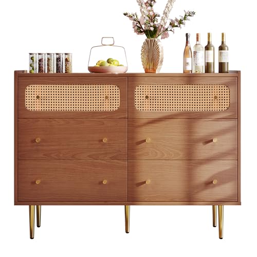 LARFOEK Cómoda con 6 cajones, aparador de ratán con mucho espacio de almacenamiento, moderno armario multiusos para dormitorio, salón, estudio, pasillo, 120 x 40 x 90 cm, nogal (6 cajones)