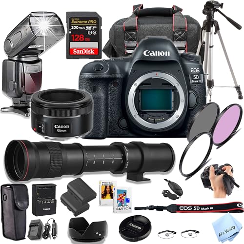 Canon EOS 5D Mark IV DSLR Camera with 50mm STM Prime Lens + 420-800mm Preset Lens + TTL Speed Light Flash + 128GB Extreme Speed Memory, Filters, Case, Tripod + More (Pro Photo Bundle) (Renewed)