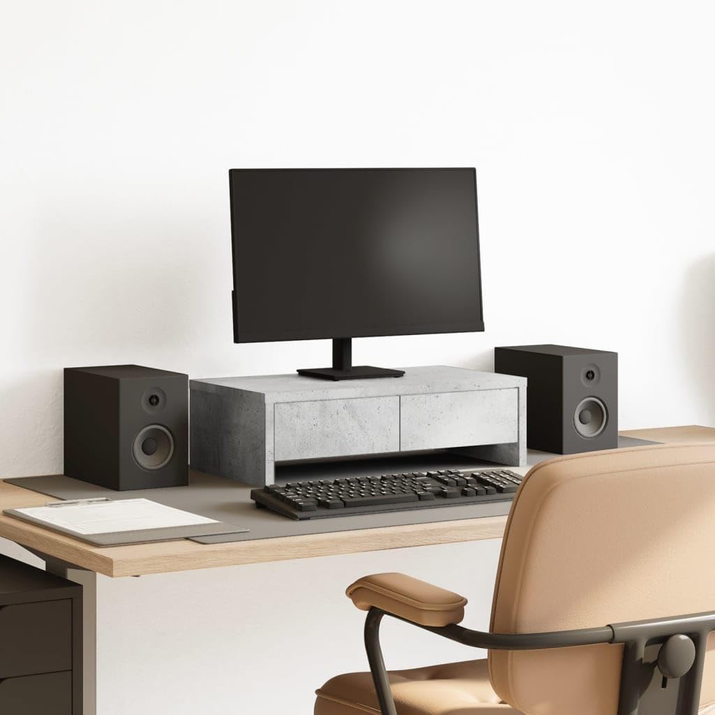 Monitorständer mit Schubladen Betongrau aus Holzwerkstoff 50 x 27 x 15 cm, 2 Schubladen, 25 kg Tragkraft, Monitoraufsatz für Schreibtisch, Arbeitsplatz und Homeoffice, Ordnung und Ergonomie