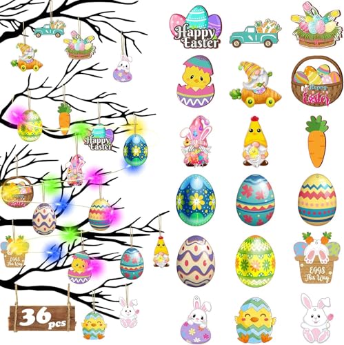 Kaimirui 36 stuks paasdecoraties - (met lichtjes) houten paasboomdecoratie en andere 18 stijlen-paaseieren ornamenten kabouter konijn wortelmand voor paasfeestdecoraties