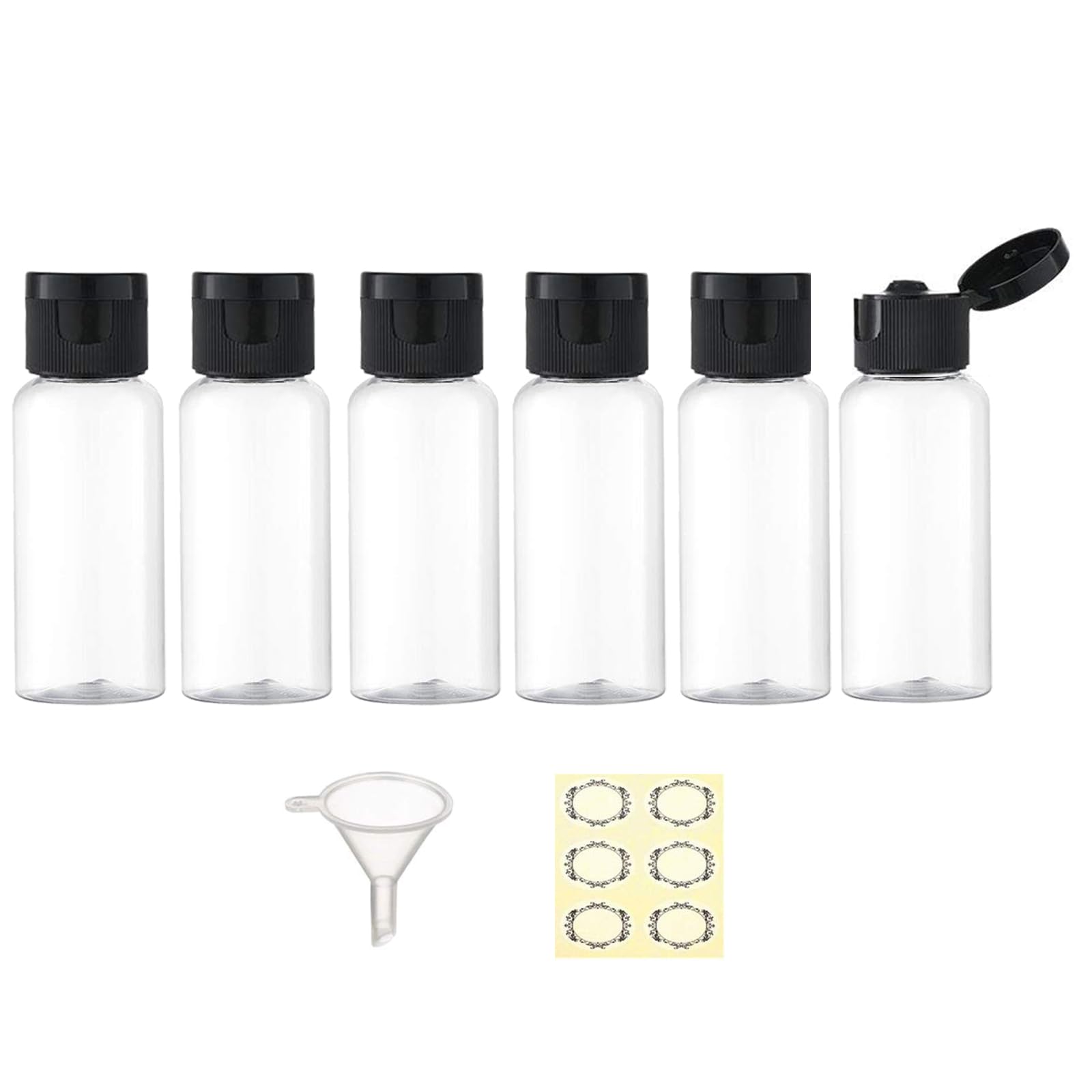 6PCS 50ML Plastic Travel Bottles with Flip Cap Empty Squeeze Bottles Refillable Travel Container with Funnel & Label TSA Approved for Liquids Lotion Toiletries Cosmetic (Transparent)