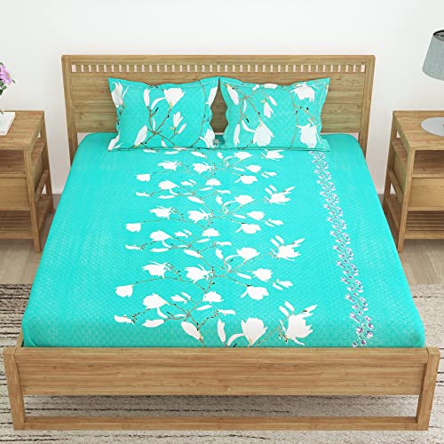 Image of Story@Home 152 TC Cotton Bedsheet for Double Bed with 2 Pillow Covers, Aqua Green