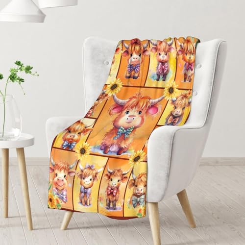 Highland Cow Blanket Gifts - 50x60 Inches Cute Throw Blanket for Girls & Boys - Yellow Soft Fuzzy Blankets for Bed, Couch & Living Room