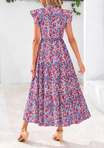 Image of PRETTYGARDEN Women's 2026 Summer Floral Midi Dress Cap Sleeve V Neck Ruffle Long Flowy Boho Casual Beach Vacation Dresses