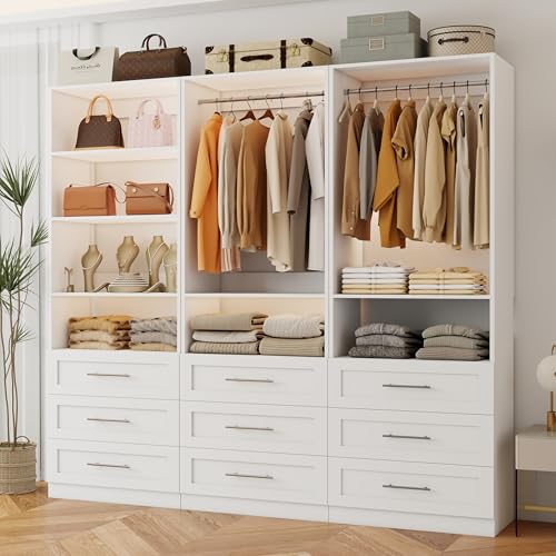 Image of Closet System with 9 Drawers, 6FT-16FT Wood Closet Organizer System, Walk-in Closet for Closet System with Shelves, Modular Closet Storage Systems with 5 Expandable Hanging Rods, 3 Sets