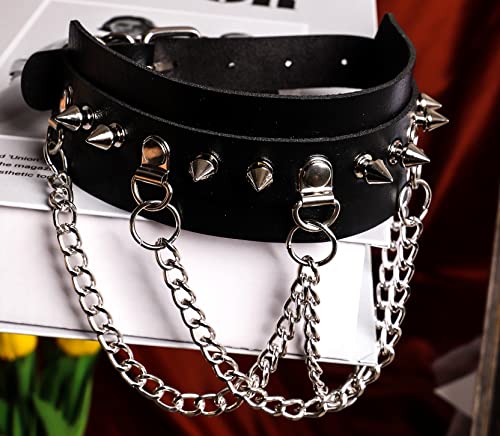 Manfnee DYE823NE00054 Punk Goth Rock Collar For Women Men Leather Spike Chain Vintage Necklace Adjustable Black thumb #5