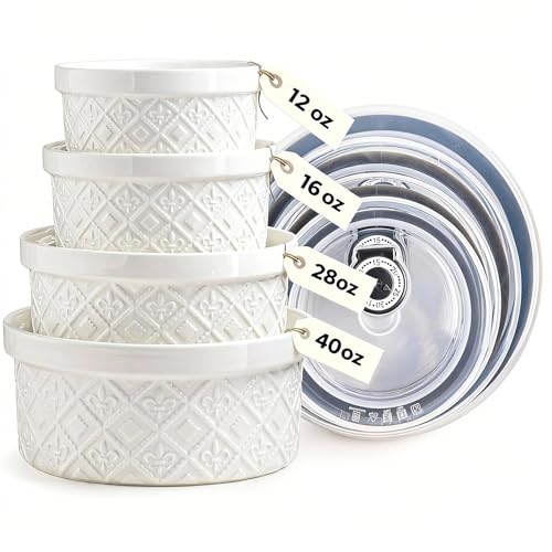 Large Mixing Bowls with Airtight Lids Classic White Porcelain Embossed Nesting Salad Bowls for Baking and Cooking 12/16/28/40oz Serving Bowls Set of 4 Oven and Dishwasher Safe Thanksgiving Gift