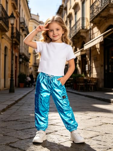 Image of SANGTREE Girls Shiny Hip Hop Outfits,Crop Top Cargo Joggers,13-14Y