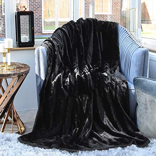 EVELYN LIVING DOUBLE - BLACK LUXURY FAUX FUR MINK THROW SOFT WARM FLEECE BLANKET DOUBLE KING SINGLE SOFA BED