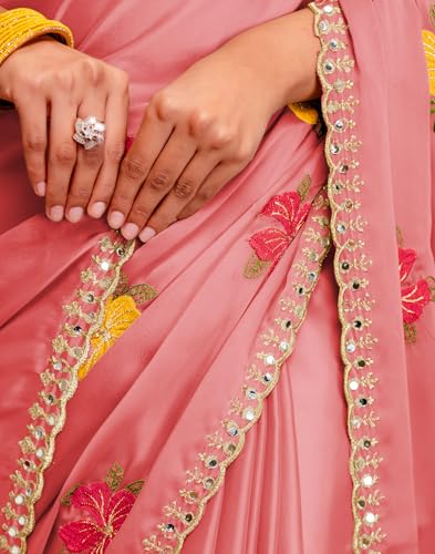 Image of SIRIL Women's Embroidery, Mirror Work, Scalloped Border Shimmer Georgette Saree With Unstitched Blouse Piece