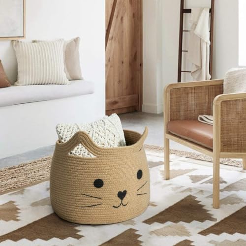 Image of ALBY Woven,Tall Wicker Laundry Basket for Blankets,Clothes,Pillows,Toys,Shoes Large Cotton Laundry Hamper for Bedroom Living Room Bathroom Nursery (15d'' x 12h'' inch, brown cat)