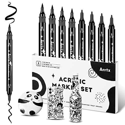 Arrtx 8 Pack Black Acrylic Paint Pens, Dual Tip Acrylic Paint Markers for Rock Painting, Graffiti, Paper, Wood, Ceramic, Fabric, Glass, Canvas, Plastic, Metal, Stone and DIY Crafts