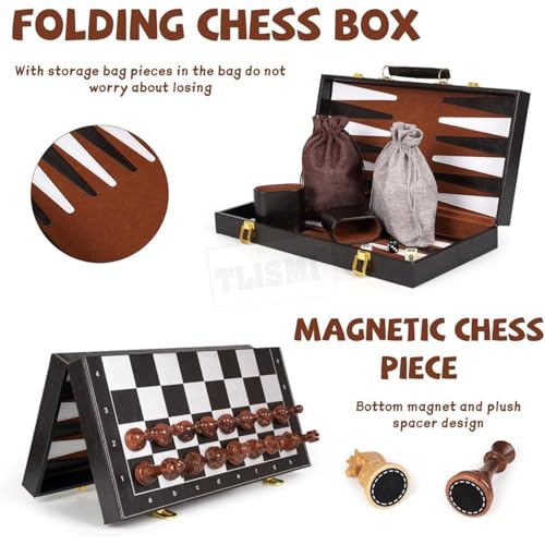Image of Chess Checkers Backgammon 3 in 1 Board Games for Kids and Adults | Foldable Magnetic Portable Travel & Educational Indoor Activity Game Set | Suitable for Boys and Girls (15 Inches)
