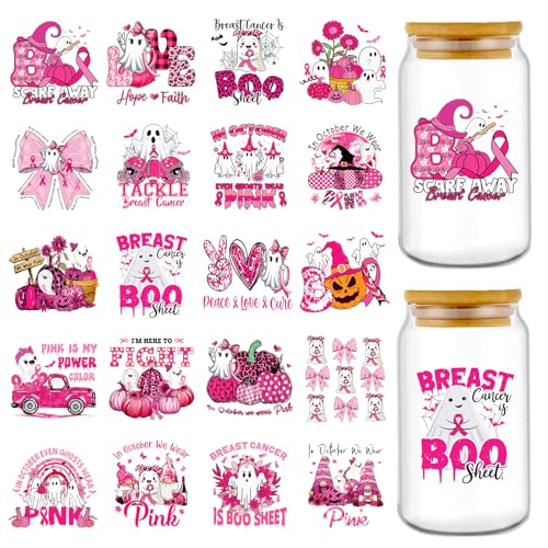 Rngmsi Ghost UV DTF Stickers - 20 Pcs Beast Cancer Awareness UV DTF Cup Wraps for 16 oz Pink Ribbon Bow UVDTF Transfer Decals for Glasses Cups Mug DIY Crafts