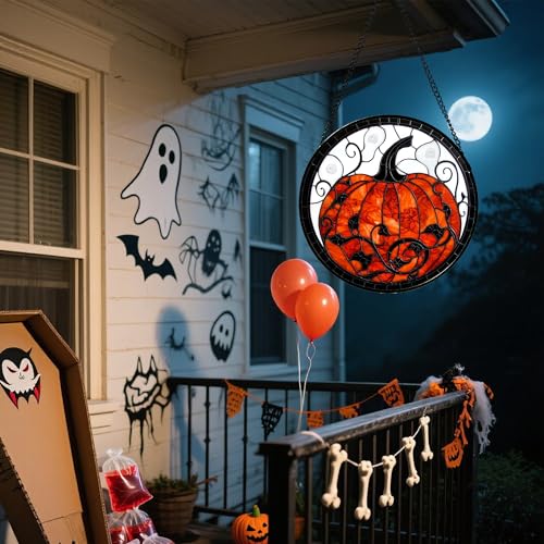 Image of Stained Glass Window Hanging - Halloween Red White Scary Pumpkin Suncatcher for Doors Garden Home Spooky Rattan Sun Catchers Gothic Decor Horror Gifts for Women Men Friend Boy Girl 6.3 in