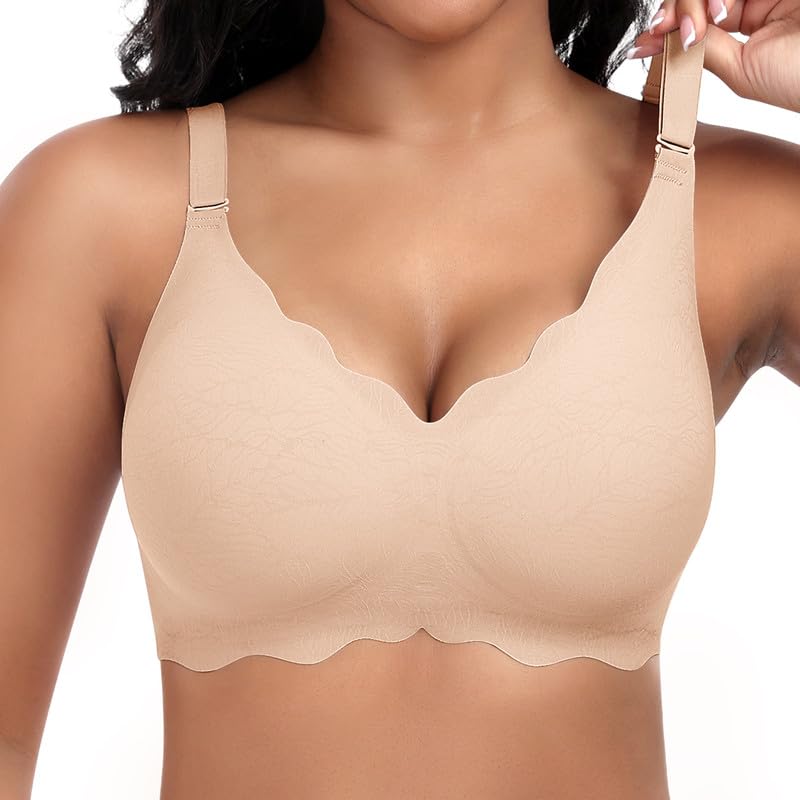 Jiuday Damen BH ohne Bügel Spitzen Soft BH Große Brüste Starker Halt Push Up Bügelloser BHS Gepolstert Seamless Bequemer Nahtloser Bra V-Ausschnitt Bralette