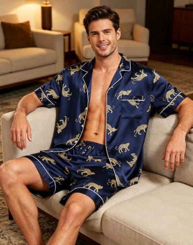 Image of SWOMOG Men Satin Silk Pajamas Sets Short Sleeve Sleepwear Button-Down PJs Sets Two-Pieces Loungewear with Pockets