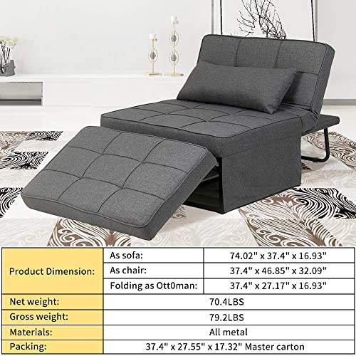 Diophros Sleeper Sofa Bed, 4 in 1 Convertible Chair Multi-Function Folding Guest Ottoman Sofa Chair for Living Room, Apartment (Deep Grey)