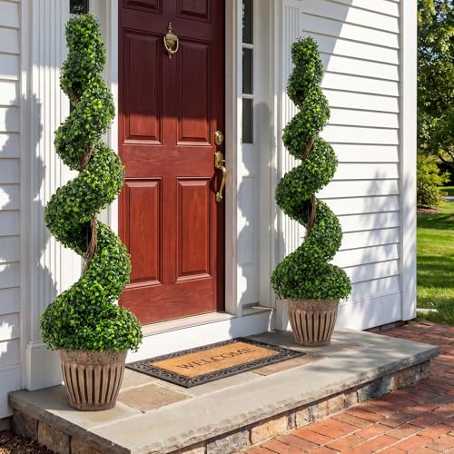 Happygrill Artificial Boxwood Spiral Tree Set of 2, 4 FT Fake Greenery Plants with Plastic Flower...