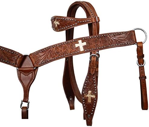 Showman Tooled Leather Headstall & Breast Collar Set w/Cut Out Crosses & Cowhide